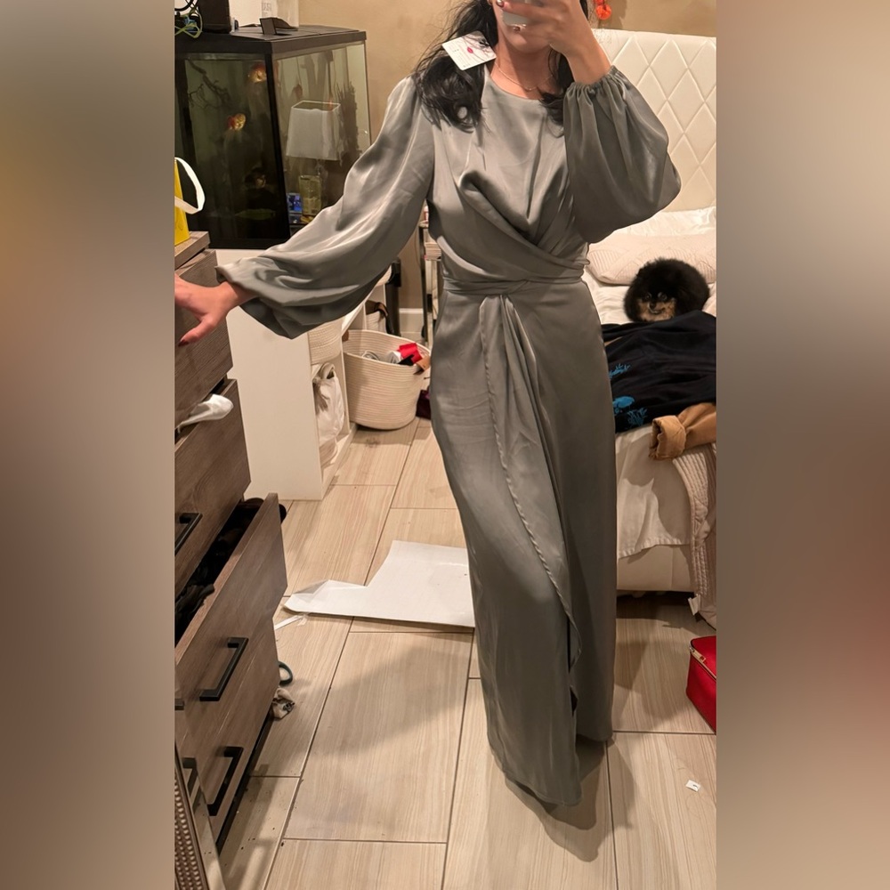 NWT Modest Satin maxi dress with tie belt around waist
